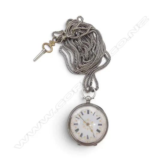 OLD SILVER MUFF CHAIN 38gms. L.2000mm with SILVER CASED open face mid size FOB WATCH key wind