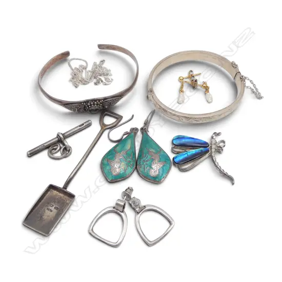 SILVER JEWELLERY: 3 PRS EARRINGS + DRAGONFLY & PAUA BROOCH +  BANGLES ETC 