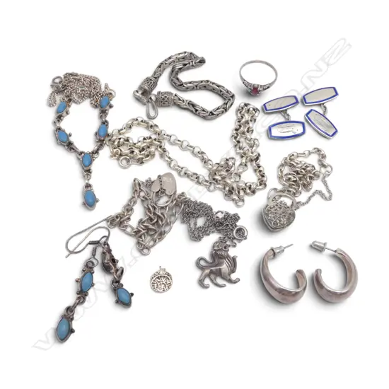 ASST SILVER JEWELLERY: 3 BRACELETS + 3 NECKLACES = 2 prs EARRINGS + RING + CUFFLINKS 70gms