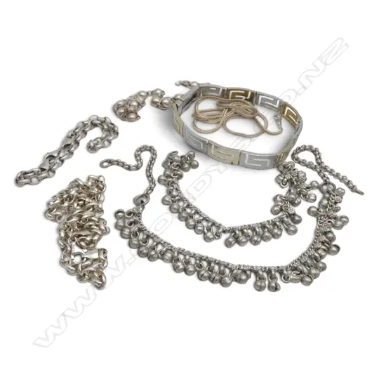 SILVER JEWELLERY: 3 necklaces + 4 bracelets. Some fittings faulted. 80gms