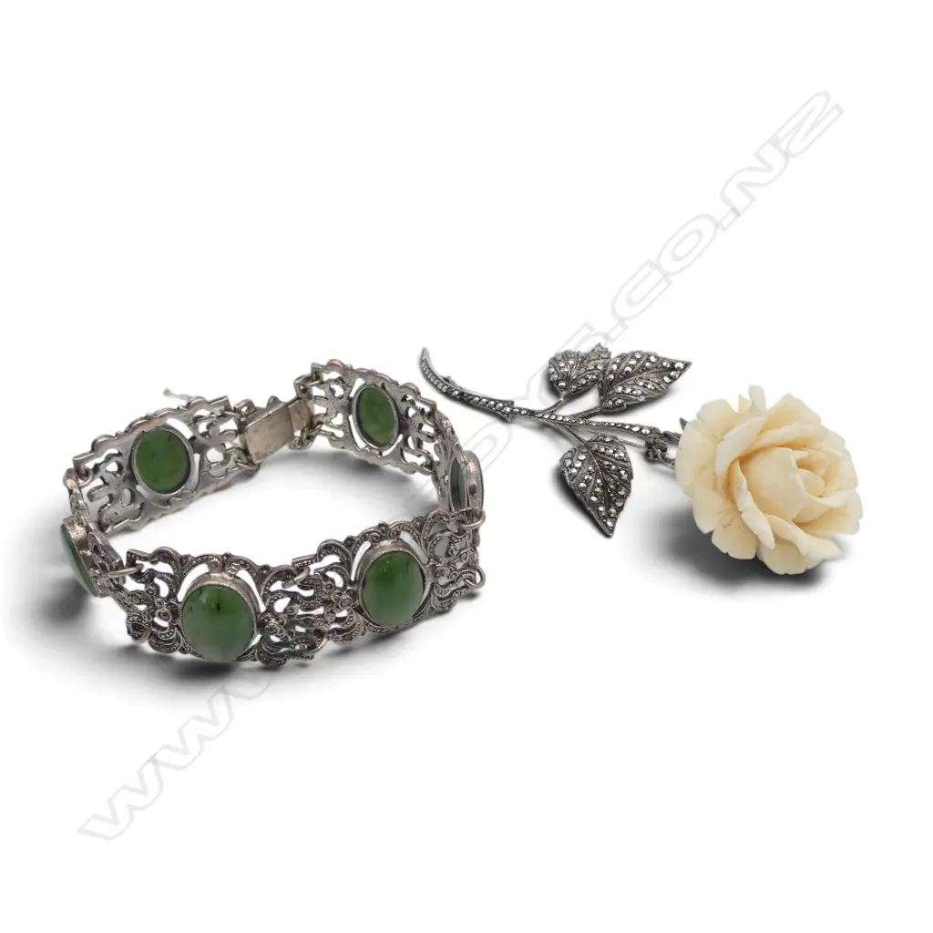 2 PCS SILVER MARCASITE JEWELLERY, IVORY BROOCH, L.95mm & JADE INLAY BRACLET Image 1++