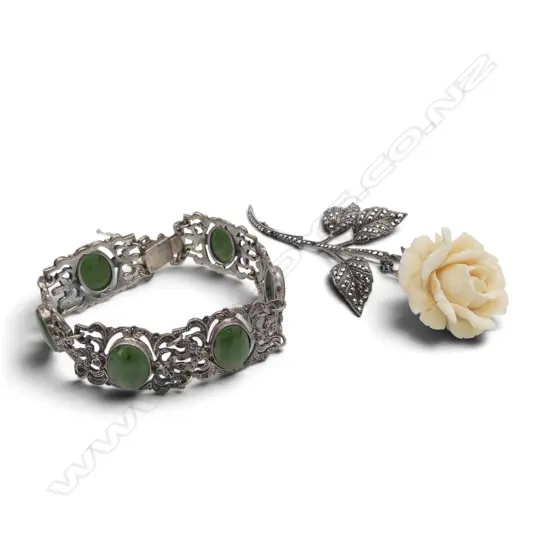 2 PCS SILVER MARCASITE JEWELLERY, IVORY BROOCH, L.95mm & JADE INLAY BRACLET