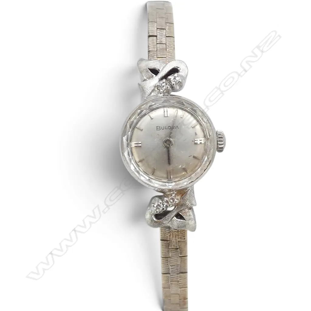 LADIES VINTAGE BULOVA WRISTWATCH, 18ct WHT GOLD CASE w 9ct strap & diamond detail, 20.45gm, apparently running Image 1++