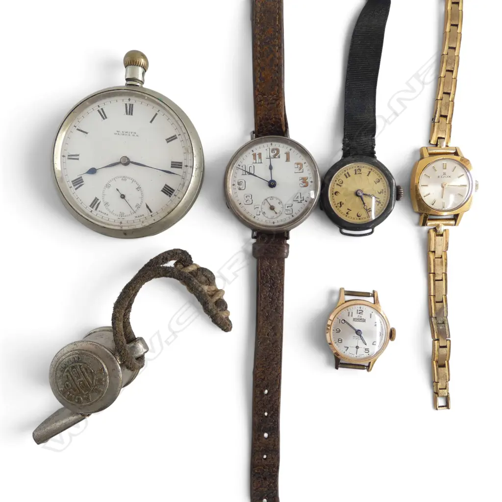 SELECTION OLD POCKET & WRIST WATCHES: silver WW1 'PRESENTED TO G. BROWN..' WRISTWATCH +1920's ladies +'The ACME' whistle Image 1++