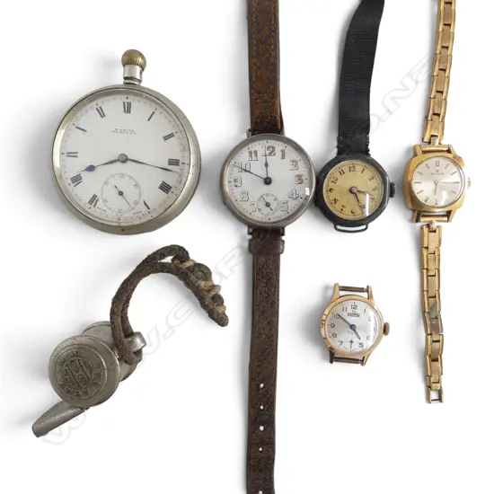 SELECTION OLD POCKET & WRIST WATCHES: silver WW1 'PRESENTED TO G. BROWN..' WRISTWATCH +1920's ladies +'The ACME' whistle