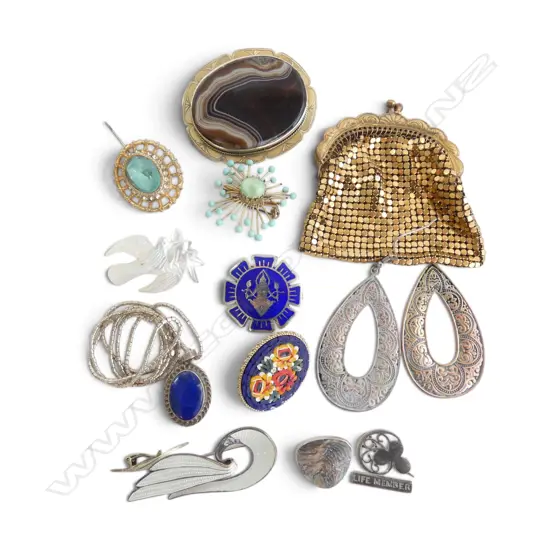 ASST. COSTUME JEWELLERY BROOCHES, PURSE etc Incl. SOME STG SILVER