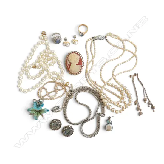 ASST. MAINLY COSTUME JEWELLERY: enamelled orchid brooch + paua set + cameo + earrings + pearls etc