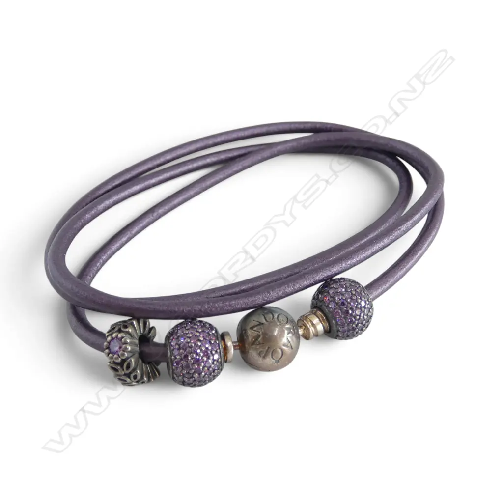 PANDORA BRACELET/NECKLACE w 3 CUBIC ZIRCONIA CHARMS on a purple leather strap, L.520mm approx Image 1++
