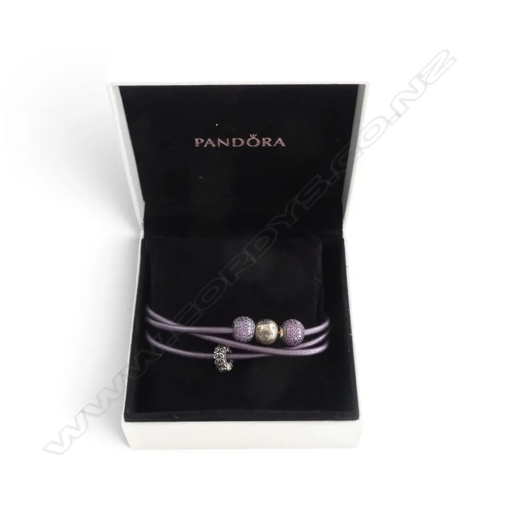 PANDORA BRACELET/NECKLACE w 3 CUBIC ZIRCONIA CHARMS on a purple leather strap, L.520mm approx Image 1++