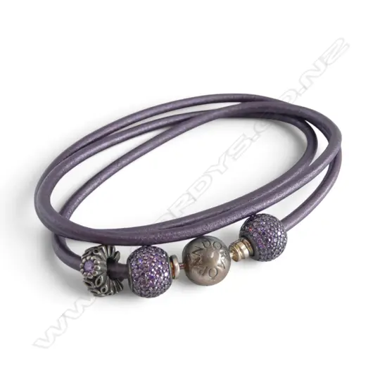 PANDORA BRACELET/NECKLACE w 3 CUBIC ZIRCONIA CHARMS on a purple leather strap, L.520mm approx