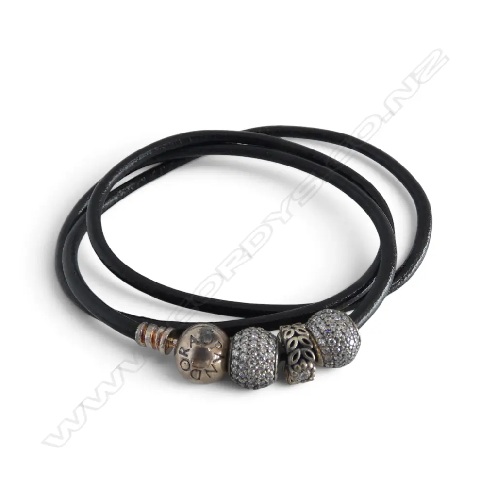 PANDORA BRACELET/NECKLACE w 3 SILVER CUBIC ZIRCONIA CHARMS on a black leather strap, L.520mm approx Image 1++