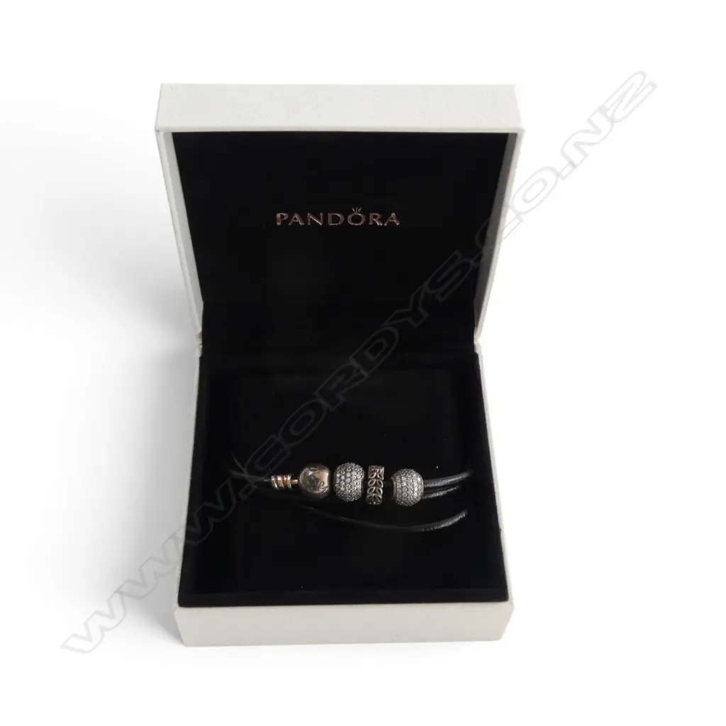 PANDORA BRACELET/NECKLACE w 3 SILVER CUBIC ZIRCONIA CHARMS on a black leather strap, L.520mm approx Image 1++