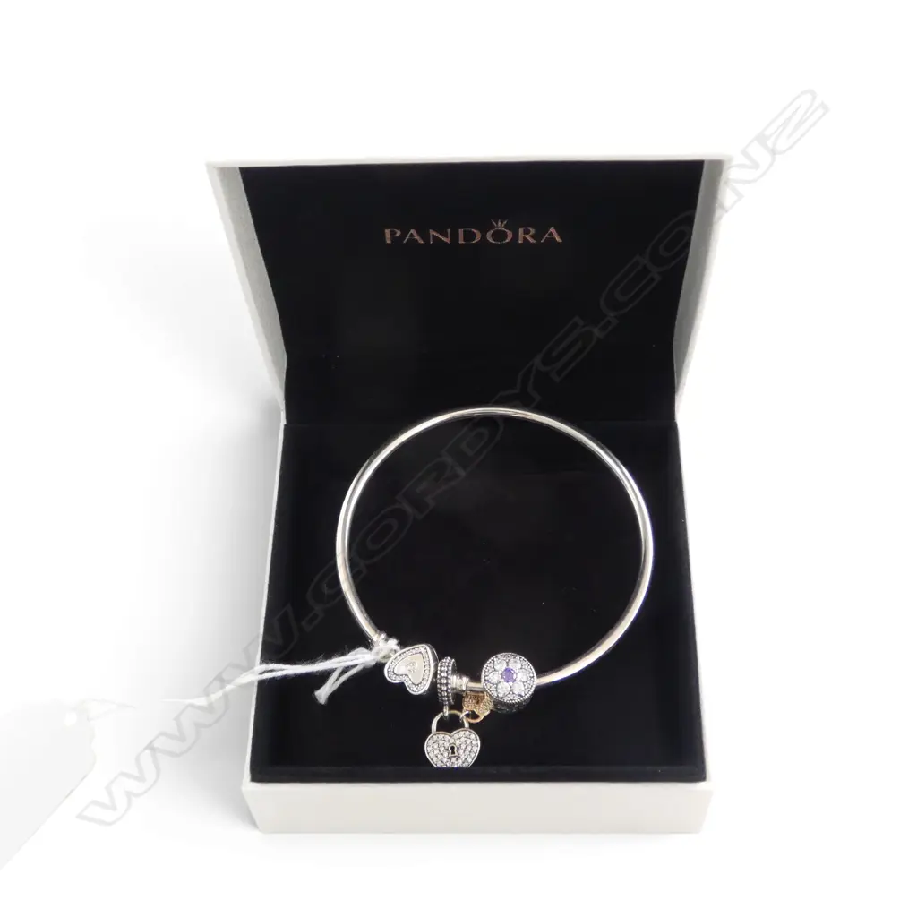 PANDORA SILVER BANGLE w CUBIC ZIRCONIA CHARMS, SIZE M Image 1++