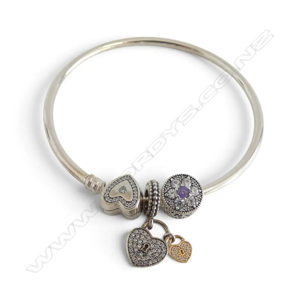 PANDORA SILVER BANGLE w CUBIC ZIRCONIA CHARMS, SIZE M Image 1++