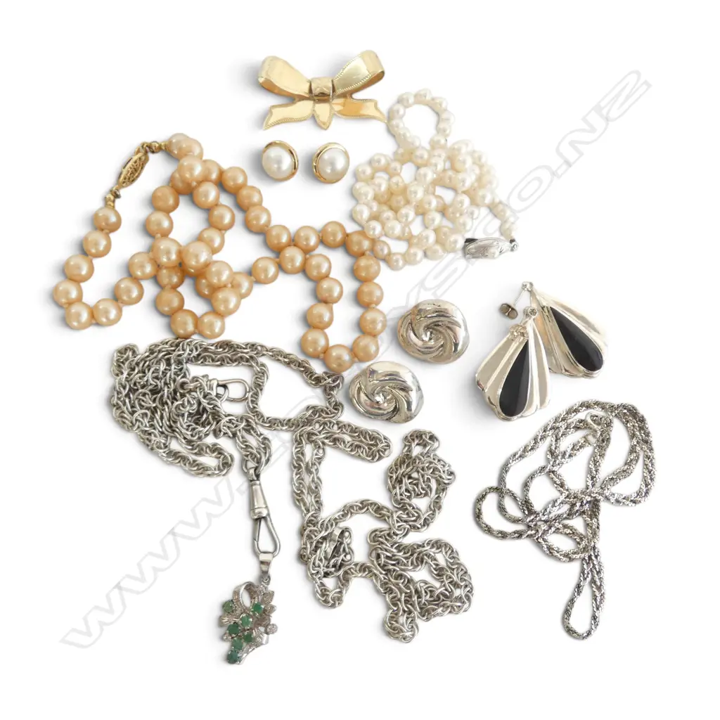 ASST. JEWELLERY; 3 PRS EARRINGS, 5 NECKLACES (2 PEARL w. STG CLASPS), SILVER GILT BOW BROOCH Image 1++