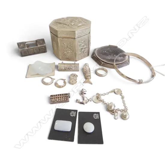 ASST. ORIENTAL SILVER; COMPACT (950), ASST. CHARMS + OCTAGONAL BOX (NOT SILVER), 3 GEMSTONES