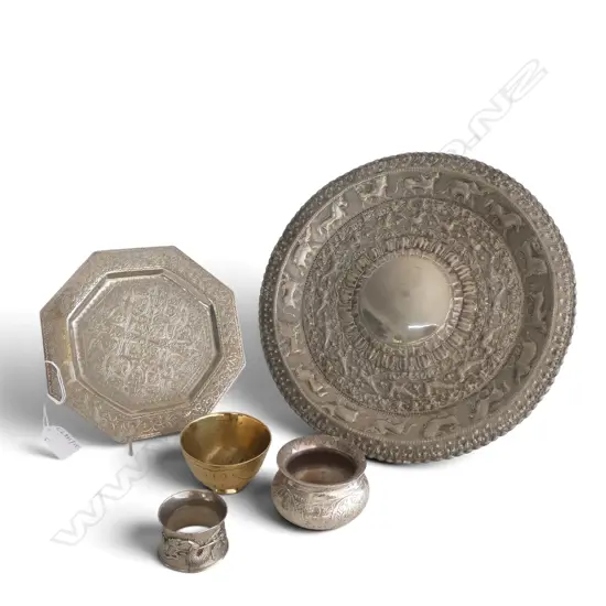 FIVE EASTERN & ORIENTAL BRASS & SILVER PLATED TRAYS, POTS, DRAGON NAPKIN RING, Dia.302mm (tray)
