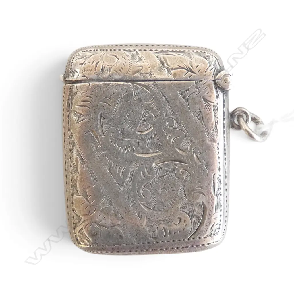 STG SILVER ENGRAVED VESTA CASE B'HAM 1901, 25.76gms, L.46mm, W.36mm Image 1++