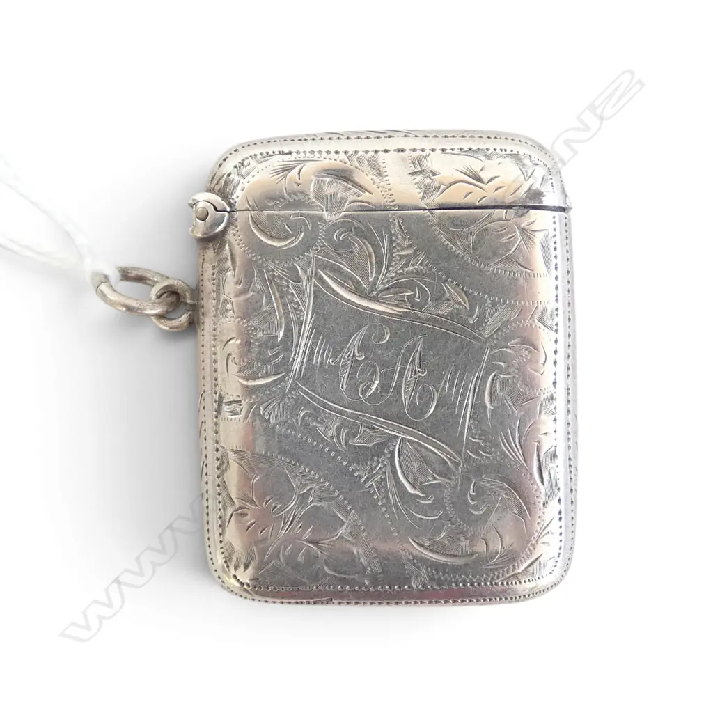 STG SILVER ENGRAVED VESTA CASE B'HAM 1901, 25.76gms, L.46mm, W.36mm Image 1++