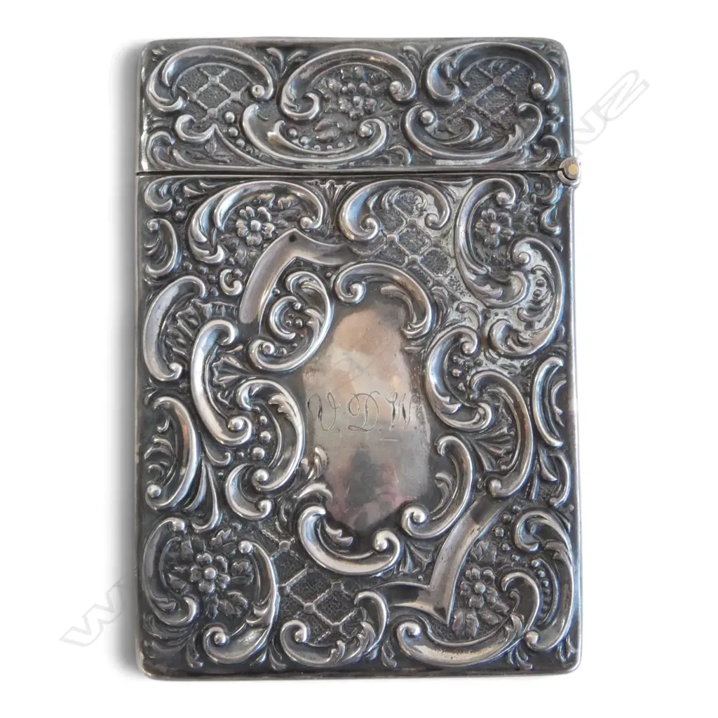 Birmingham 1912 silver Highland landscape with stag & scroll embossed card case. By Crisford & Norris Ltd. 60gms Image 1++
