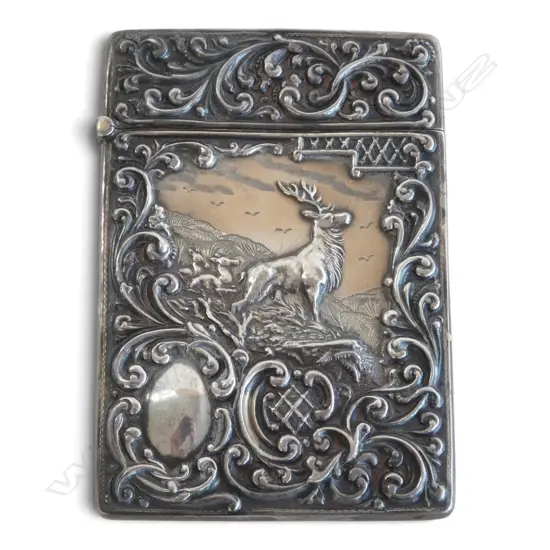 Birmingham 1912 silver Highland landscape with stag & scroll embossed card case. By Crisford & Norris Ltd. 60gms
