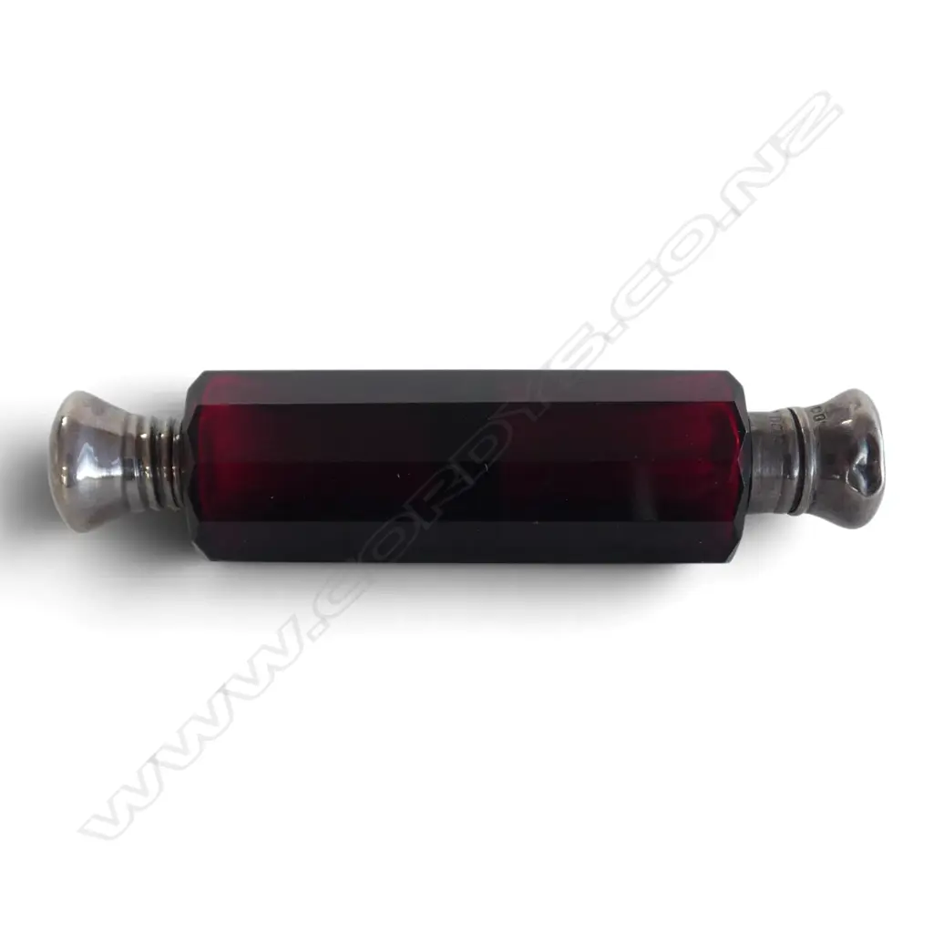 Victorian Silver & ruby glass double ended scent bottle. Screw lid + hinged lid. L.103mm Image 1++