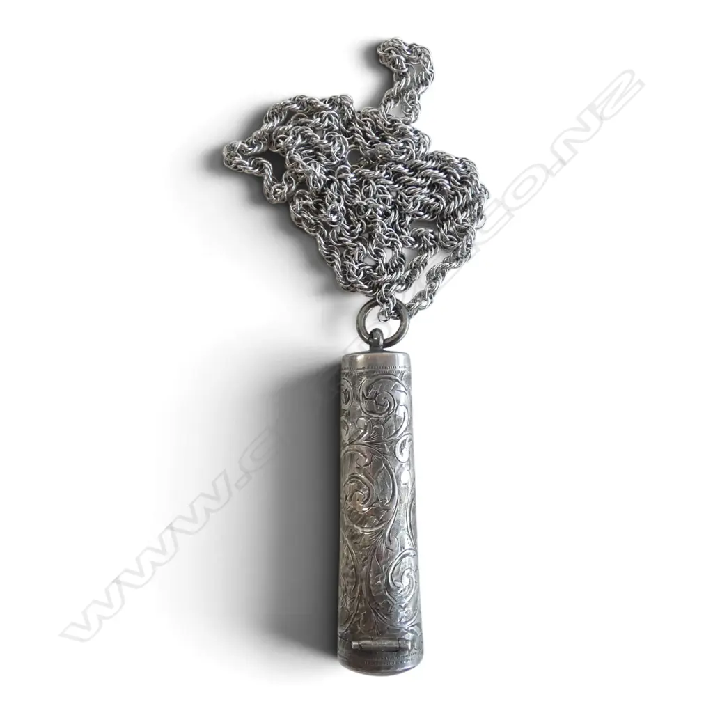 Birmingham 1900 silver cigar holder case on modern rope twist neck chain. L.540mm. 17.7gms Image 1++