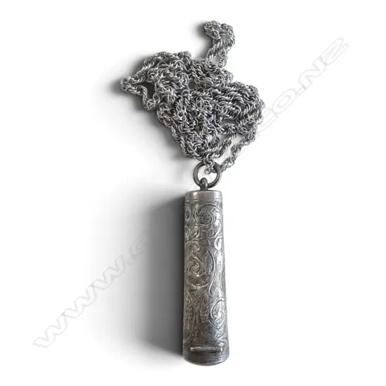 Birmingham 1900 silver cigar holder case on modern rope twist neck chain. L.540mm. 17.7gms