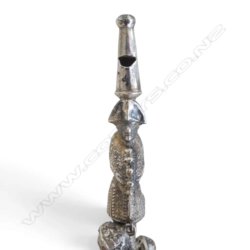 19thC French silver Polichinelle babies rattle with whistle and 4 bells. Bone turned handle Image 1++