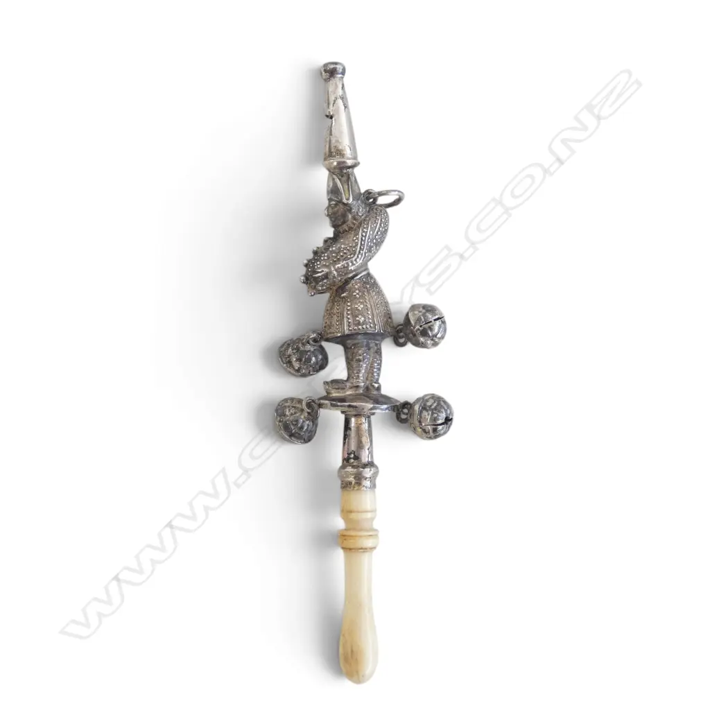 19thC French silver Polichinelle babies rattle with whistle and 4 bells. Bone turned handle Image 1++