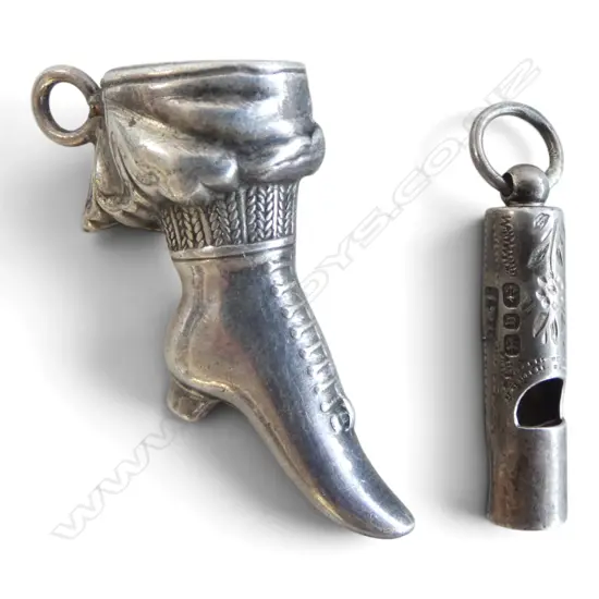 Antique Silver plate Mini shoe pin cushion ? pendant + mini silver whistle pendant Birmingham 1895