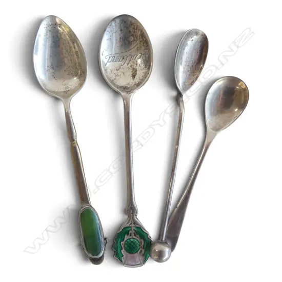 4 VARIOUS SILVER SMALL SPOONS: 1 w pounamu finial. 29gms