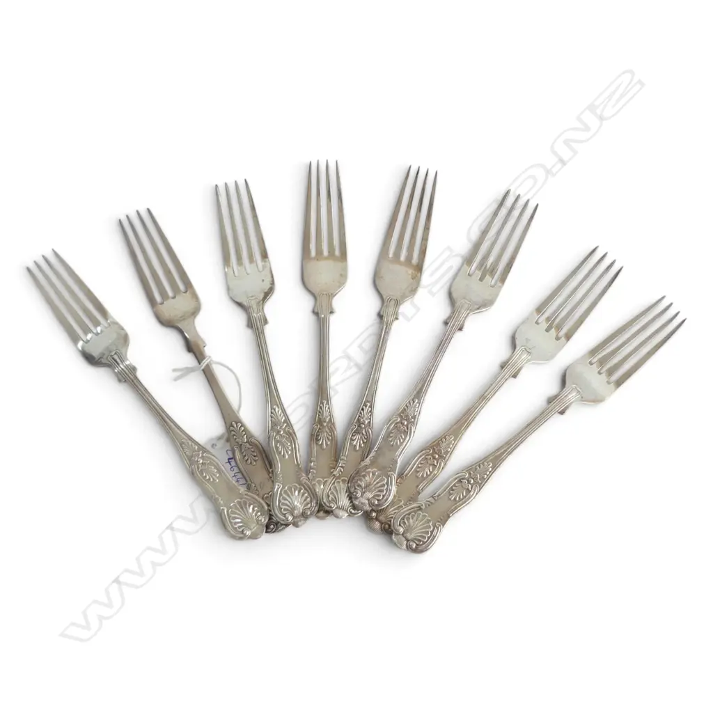 8 STG SILVER DINNER FORKS (5 JAMES DIXON & SONS LTD, SHEFFIELD 1979) 714gms Image 1++