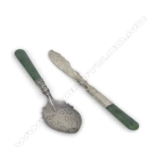 A. M. Skeates 'KIA ORA' SPOON & KNIFE stg silver w. pounamu handle 40gms