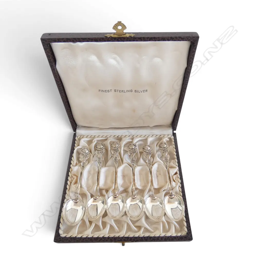 CASED SET OF 6 STG SILVER ROSE FORM TEASPOONS 43gms Image 1++