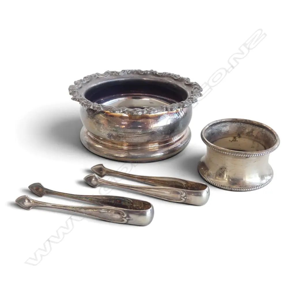 SILVER NAPKIN RING + 2 835 SILVER small TONGS. 20gms + SILVER PLATE SMALL BOTTLE COASTER Image 1++