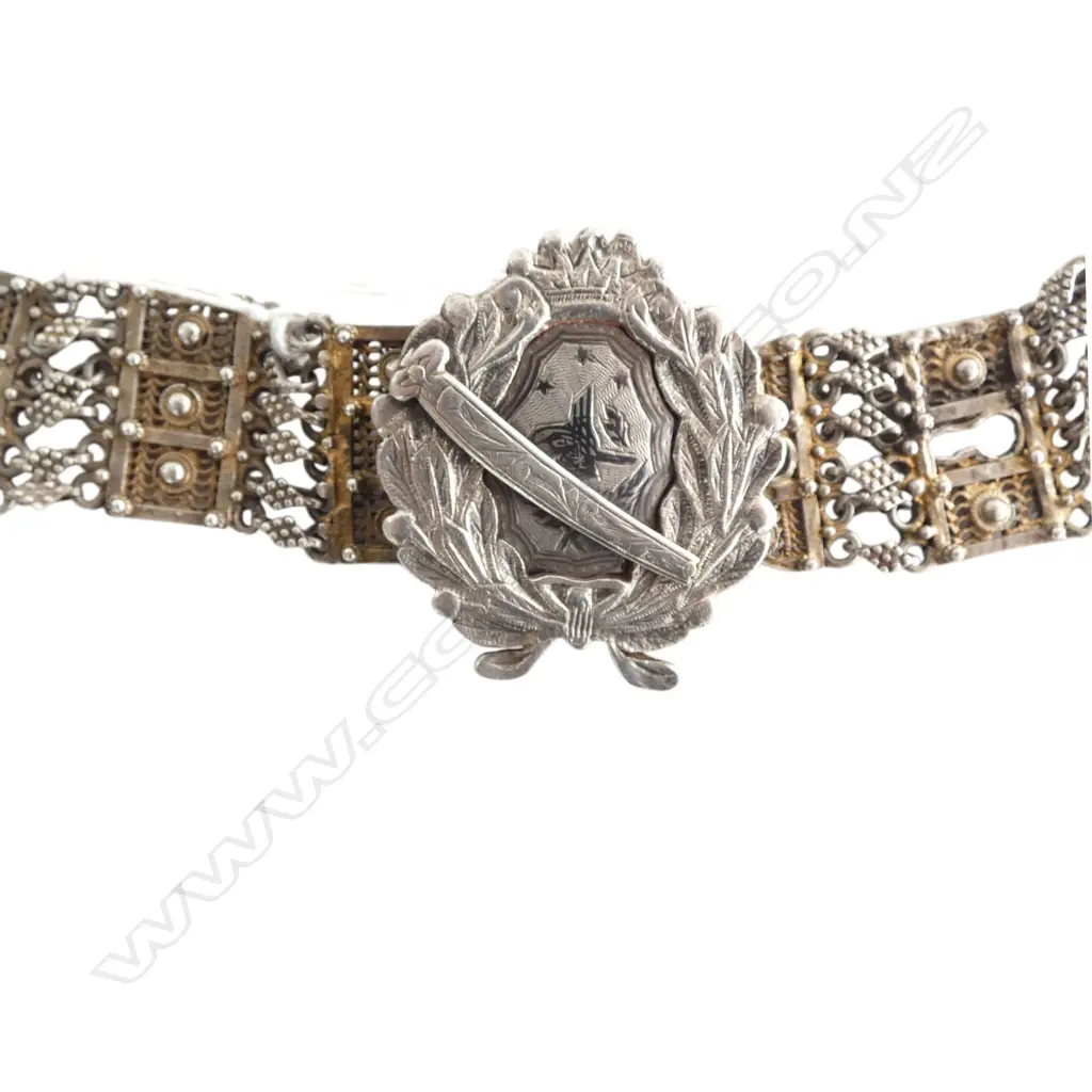 VINTAGE EUROPEAN SILVER FANCY BELT AND BUCKLE w laurel wreath crowned & sword (end absent)Testing 75/80% silver. 362gms Image 1++