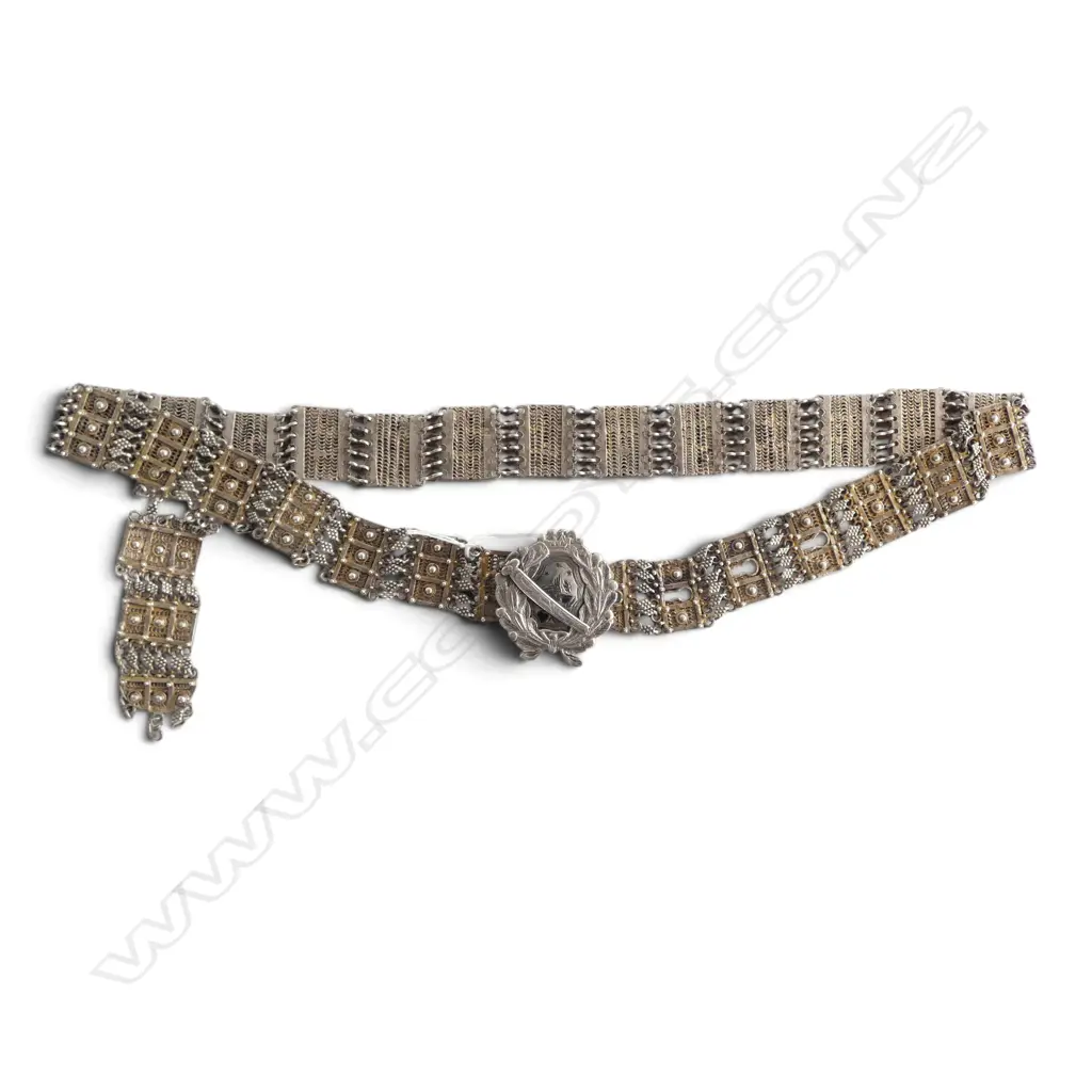 VINTAGE EUROPEAN SILVER FANCY BELT AND BUCKLE w laurel wreath crowned & sword (end absent)Testing 75/80% silver. 362gms Image 1++