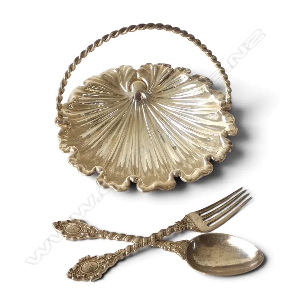 STG SILVER FORK & SPOON, LONDON 1913 85gms + EP SCALLOP DISH Image 1++