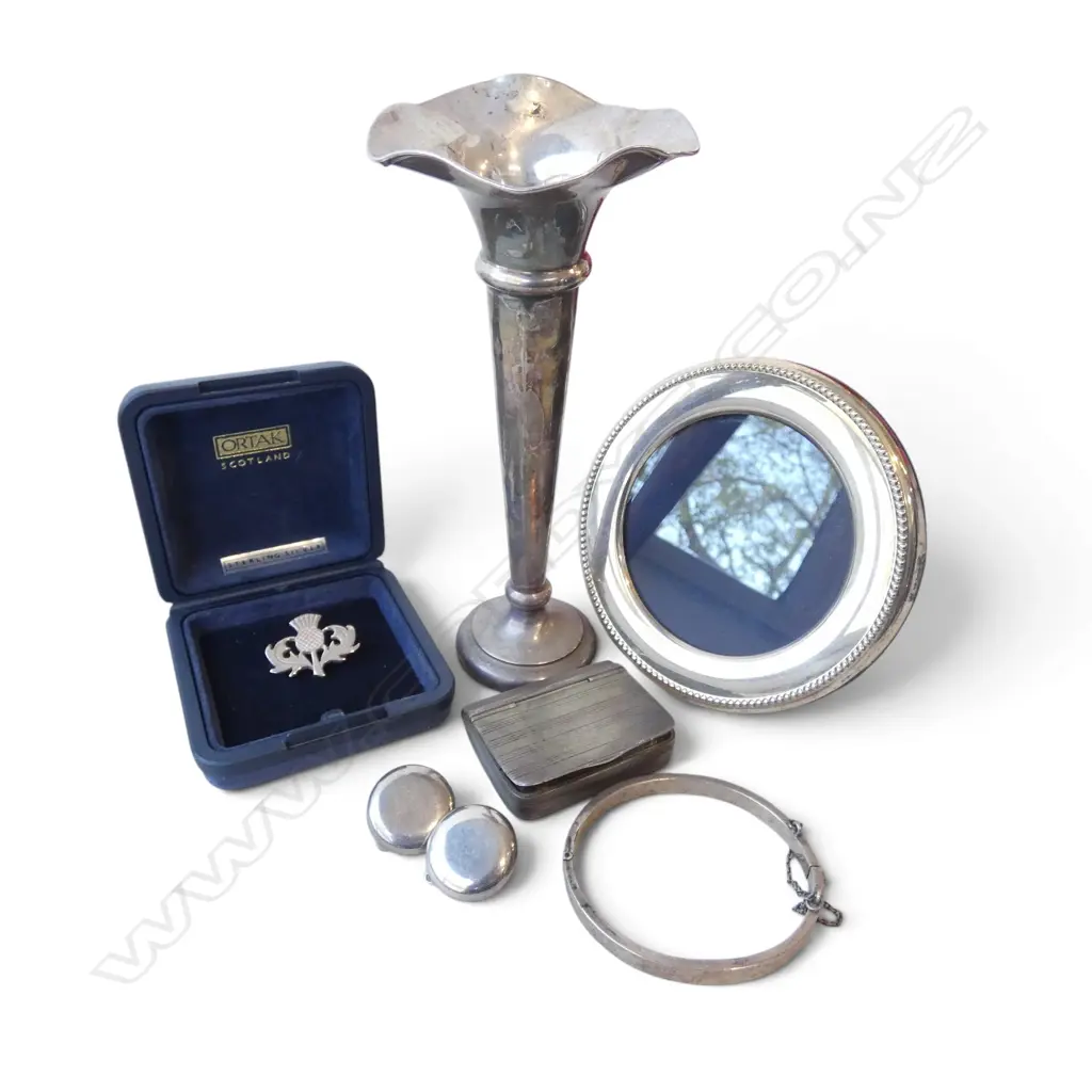 STG SILVER FRAME, PR CLIP ON EARRINGS, SMALL HINGED BANGLE, THISTLE BROOCH, TRUMPET VASE & SILVER VESTA Image 1++