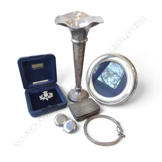 STG SILVER FRAME, PR CLIP ON EARRINGS, SMALL HINGED BANGLE, THISTLE BROOCH, TRUMPET VASE & SILVER VESTA