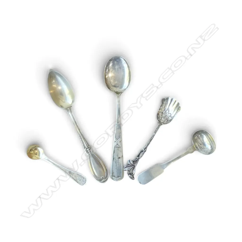 5 CONTINENTAL SILVER SPOONS, ASSTD. MARKS, 800-880 SILVER, 57gms, L.70mm-135mm Image 1++