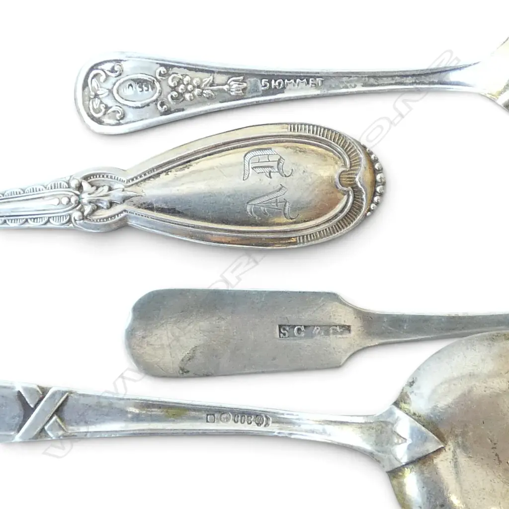 5 CONTINENTAL SILVER SPOONS, ASSTD. MARKS, 800-880 SILVER, 57gms, L.70mm-135mm Image 1++