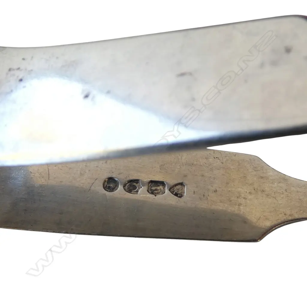 7PCS ANTIQUE STG SILVER CUTLERY - 5 SPOONS, KNIFE, & TONGS, UK HALLMARKS, 147gms, all with faults Image 1++