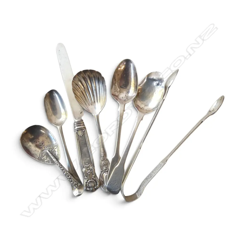 7PCS ANTIQUE STG SILVER CUTLERY - 5 SPOONS, KNIFE, & TONGS, UK HALLMARKS, 147gms, all with faults Image 1++