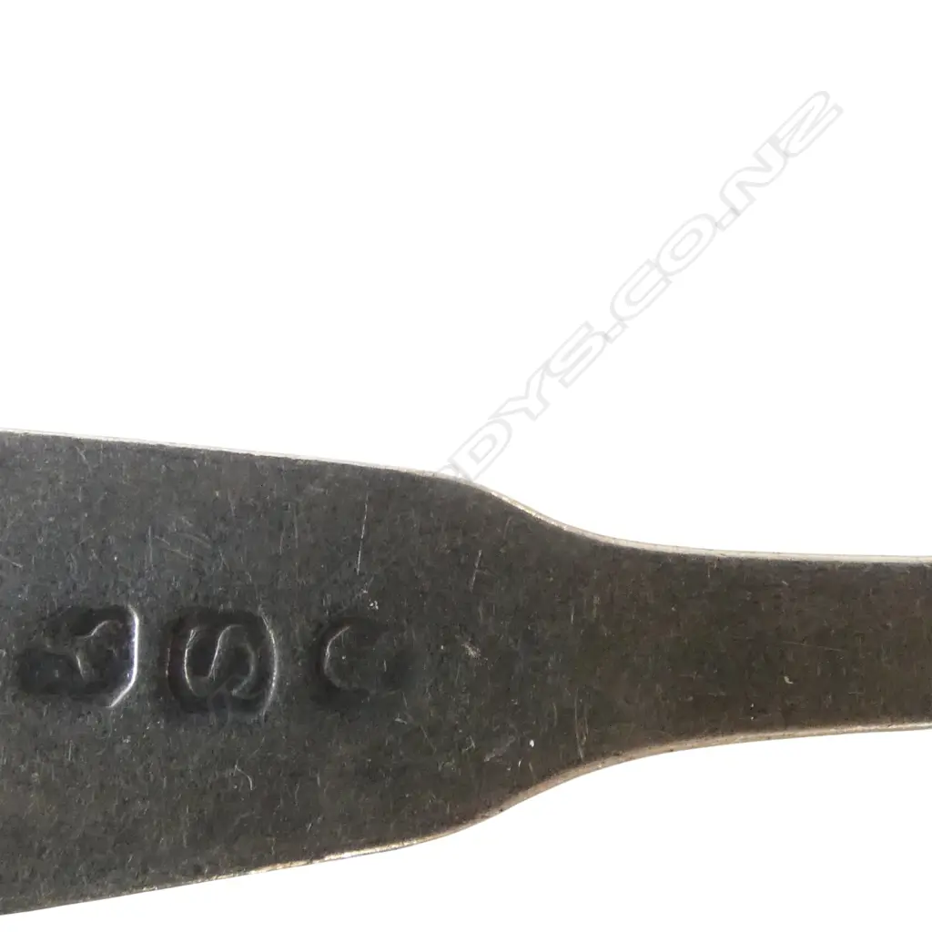 7PCS ANTIQUE STG SILVER CUTLERY - 5 SPOONS, KNIFE, & TONGS, UK HALLMARKS, 147gms, all with faults Image 1++