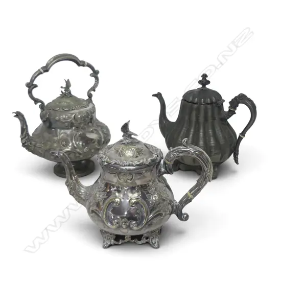 3 ANTIQUE SILVER PLATE TEAPOTS H.290mm