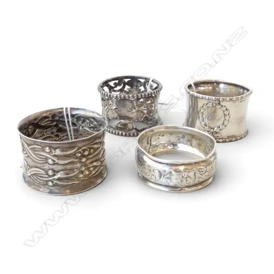 4 ANTIQUE STG SILVER NAPKIN RINGS, HALLMARKED, ALL WITH FAULTS, 71gms