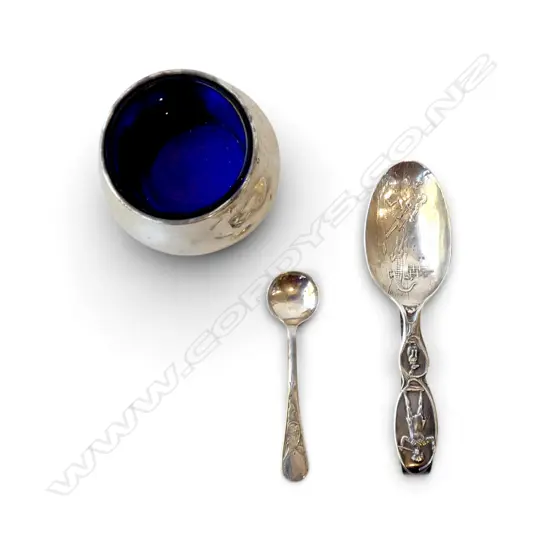 STG SILVER SALT CELLAR & SALT SPOON B'HAM 1906 & 1914, & STG CAPTAIN HOOK SPOON B'HAM 1913 (HANDLE FLATTENED), 38.7gms