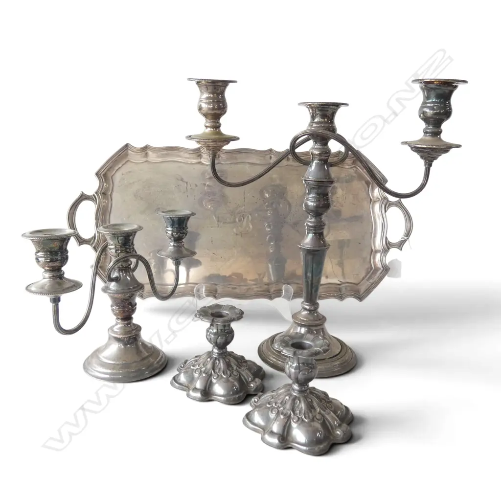 SILVER PLATE TRAY L600MM 2 3 BRANCH S/PLATE CANDERLABRA & PR S/PLATE CANDLESTICKS Image 1++